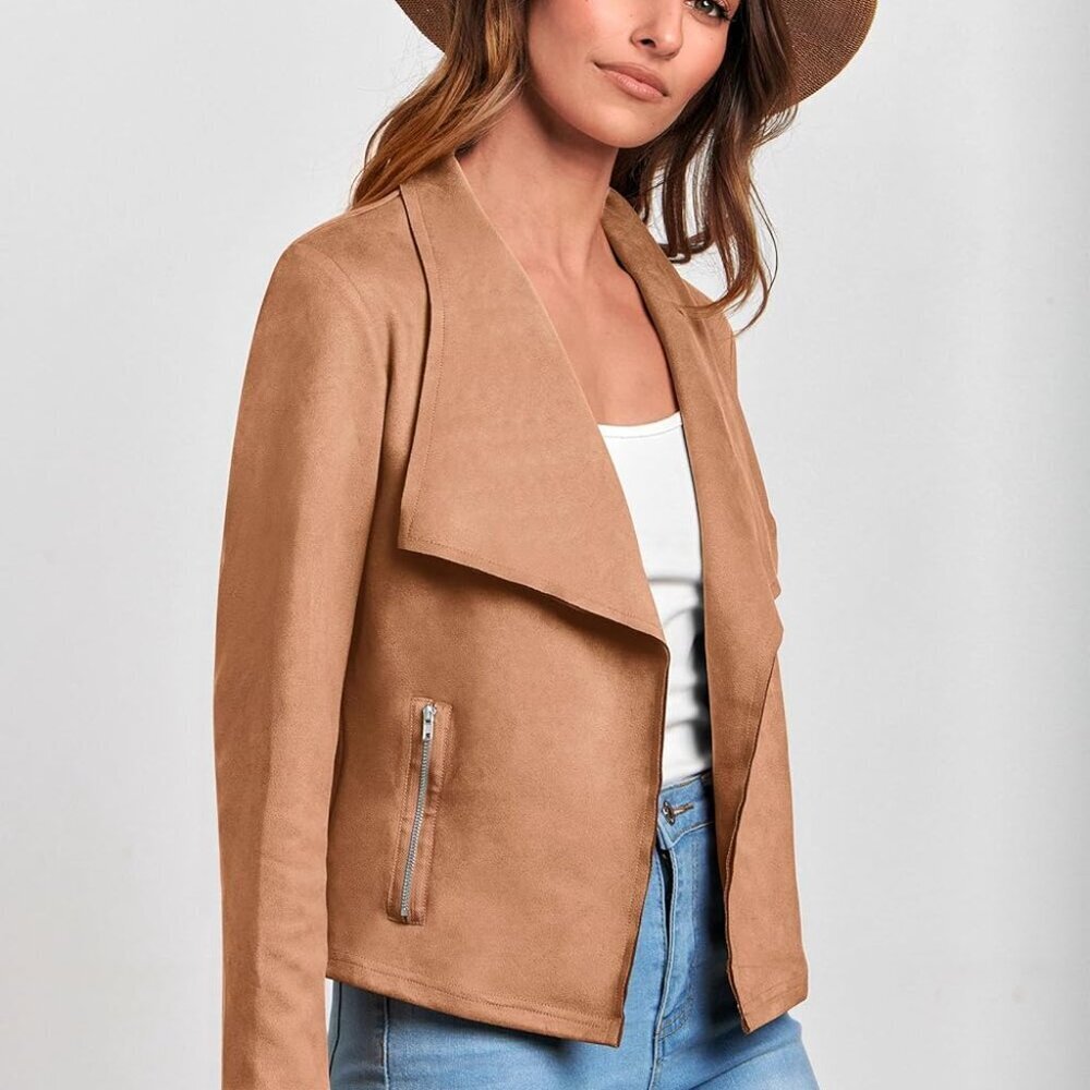 Brand New Women's Faux Suede Cropped Jacket in Camel, Size Small, Trendy Fall Fa - Picture 5 of 9